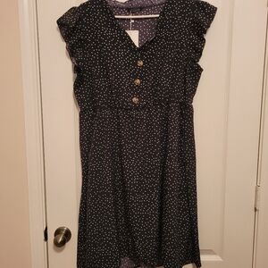 Bloomchic Polka Dot Button Detailed Ruffled Cap Sleeve and Collar